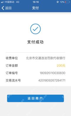 交管12123支付成功页面的订单编号与交易流水号