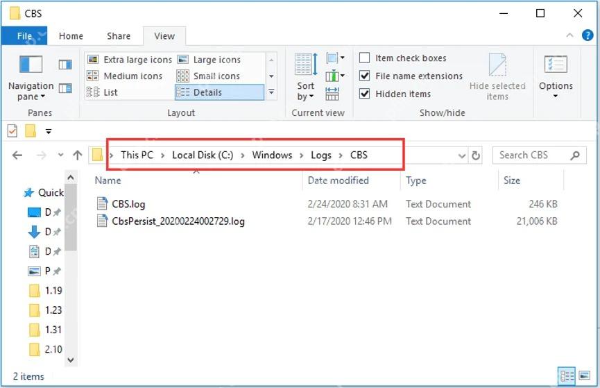 Win10 文件资源管理器中打开 C Windows Logs CBS 文件夹