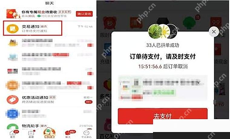 拼多多订单待支付弹窗,显示去支付按钮且右下角水印已完整遮盖