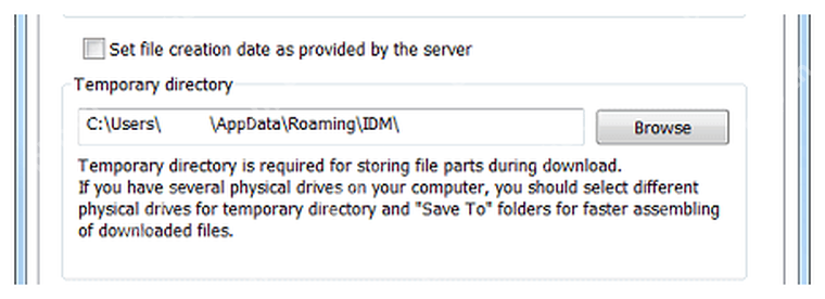 IDM Save To 页下方显示 Temporary directory 临时目录。