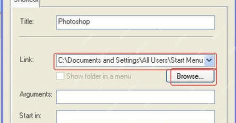 ObjectDock Dock Entry Properties 中 Link 路径框和 Browse 按钮