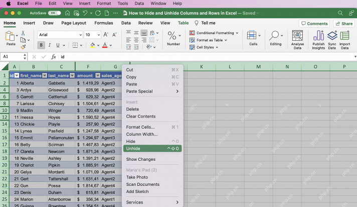 Excel 在相邻列上右键打开菜单并选择取消隐藏