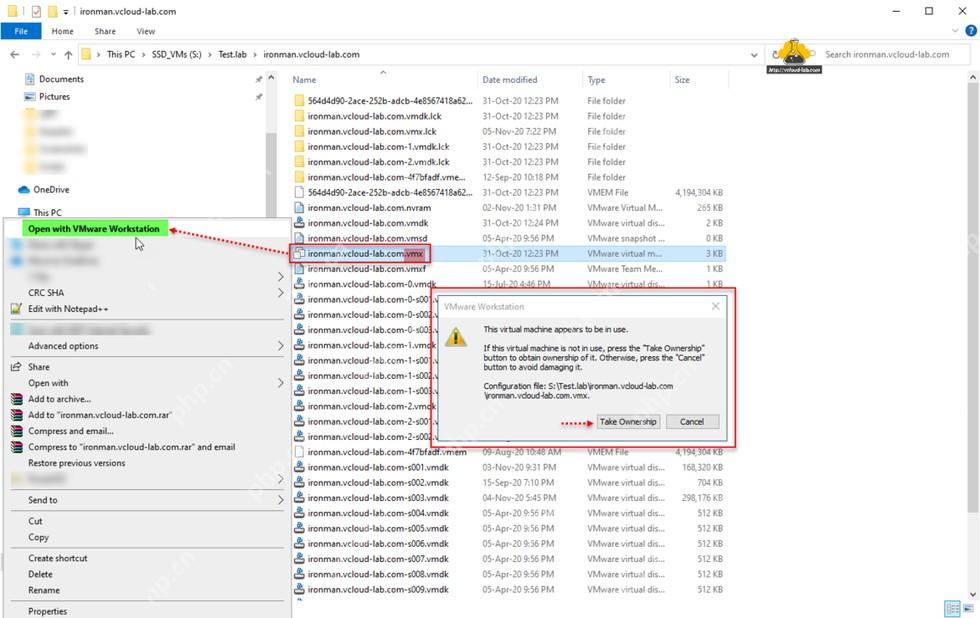 VMware Workstation 提示 This virtual machine appears to be in use 并显示 Take Ownership 按钮