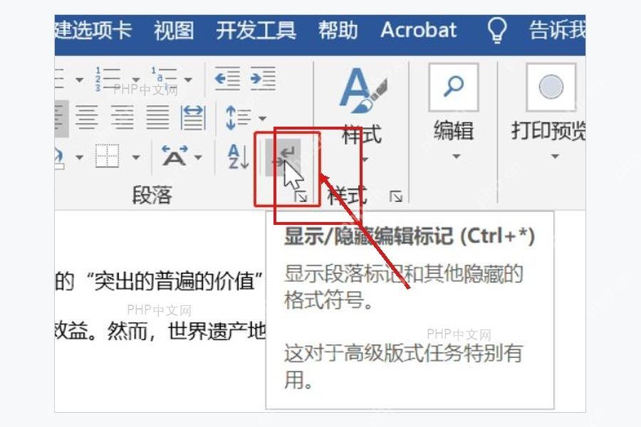 Word开始选项卡中显示隐藏编辑标记按钮