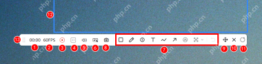 Windows 中文 PixPin 录制工具栏里单独显示声音按钮,证明录屏没声音时要先检查麦克风和系统音频有没有在录制前打开
