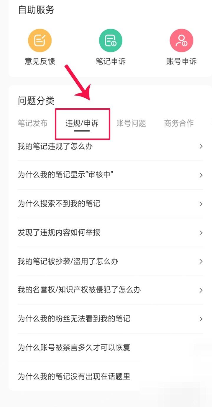 小红书帮助与客服违规申诉分类,用于排查笔记搜索不到和粉丝看不到