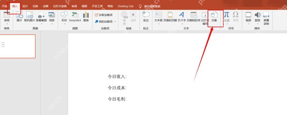 PowerPoint 插入选项卡中的对象按钮入口