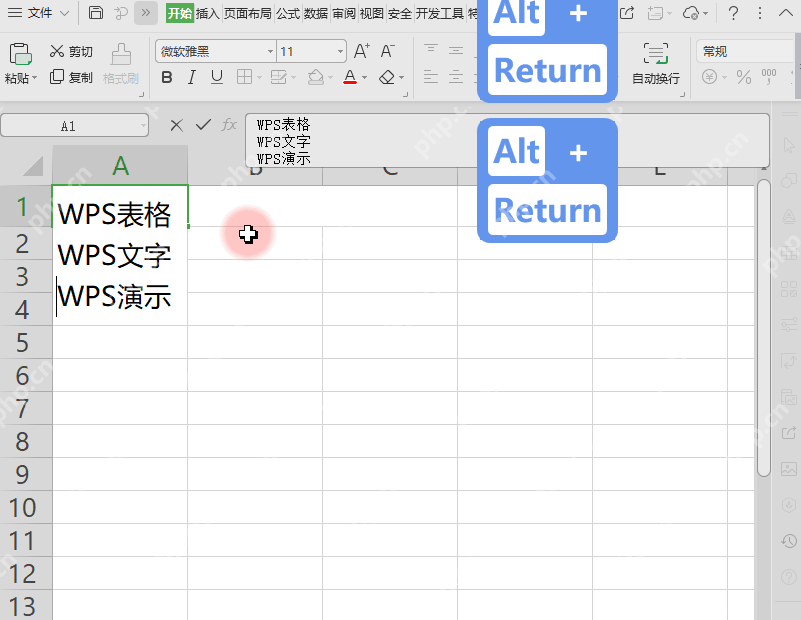 表格单元格内使用 Alt 加 Return 后文字分成多行