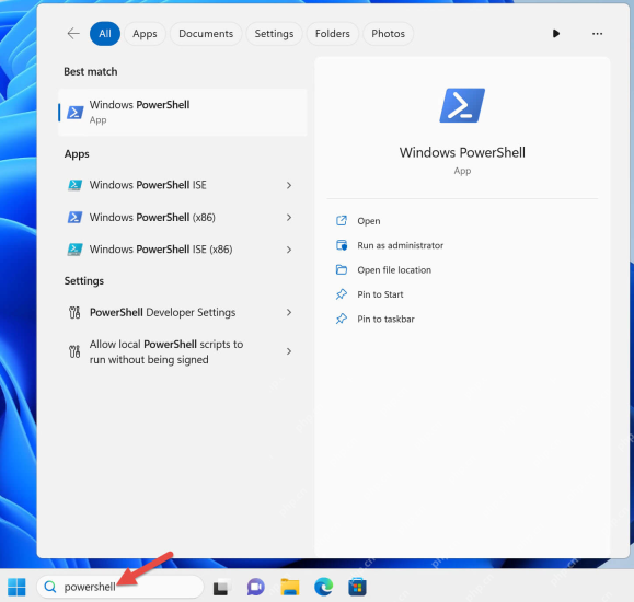 Windows 开始菜单搜索 PowerShell 并显示 Windows PowerShell 结果