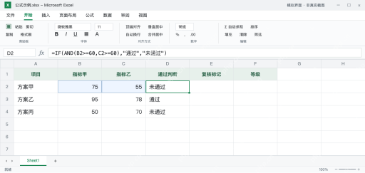 模拟 Microsoft Excel：D2用AND同时检查两项，因C2为55返回未通过