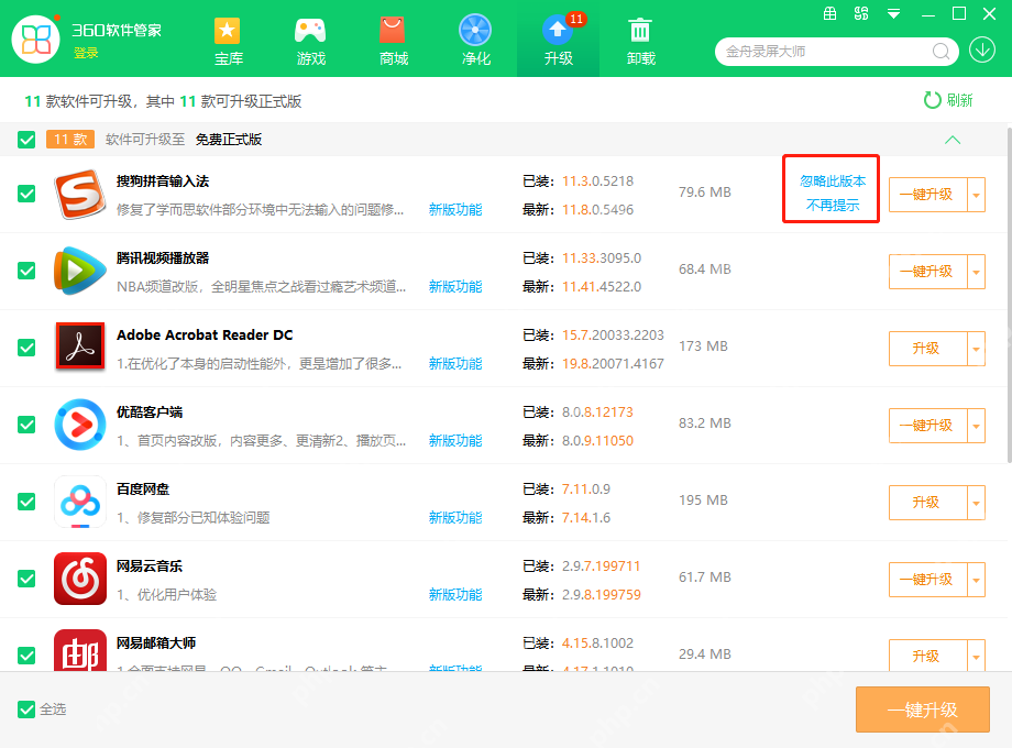 360软件管家升级列表中显示忽略此版本、不再提示和升级按钮。
