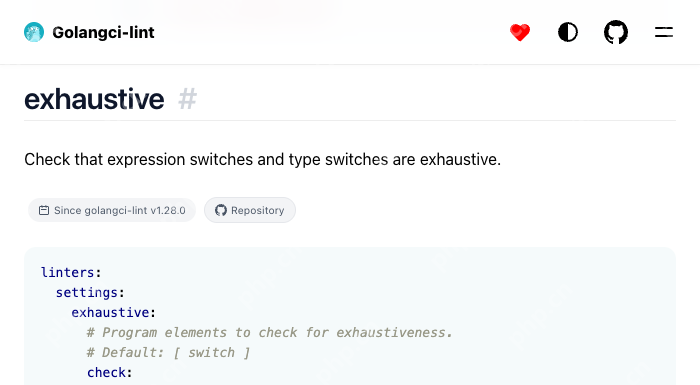 Golangci-lint 官方 exhaustive 设置页说明表达式与类型 switch 的穷尽检查,并展示独立配置区