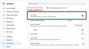Chrome 无障碍设置中的 Live Caption 开关