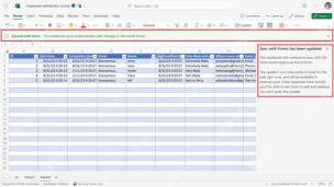 Excel 网页版表格顶部显示 Synced with Forms 同步提示