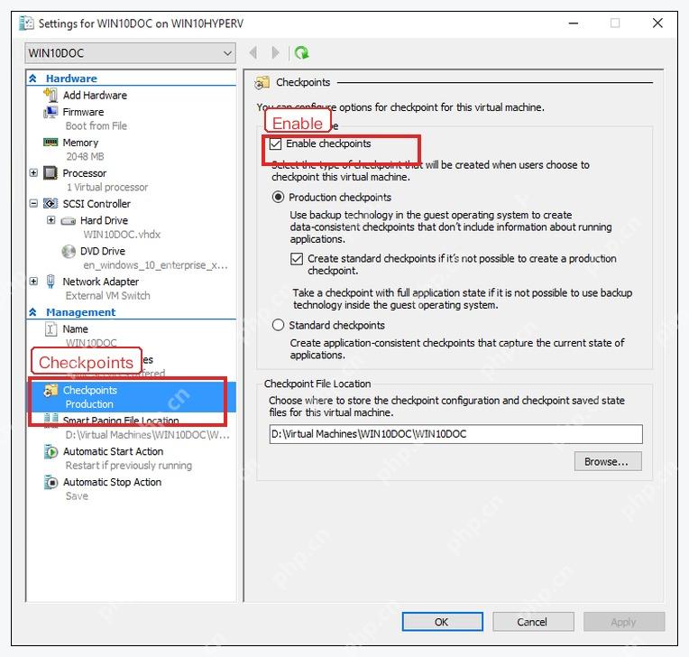 Hyper-V 虚拟机设置中 Checkpoints 页面和 Enable checkpoints 选项