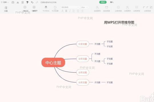 WPS 思维导图界面中选中分支主题,准备插入概要的步骤图