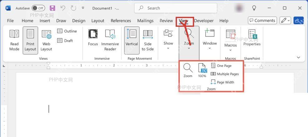 Word 顶部功能区中视图选项卡的位置