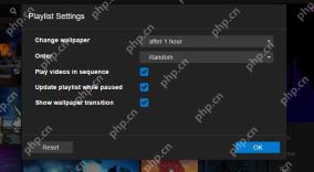 Wallpaper Engine Playlist Settings 对话框显示 Change wallpaper after 1 hour 和 Order Random