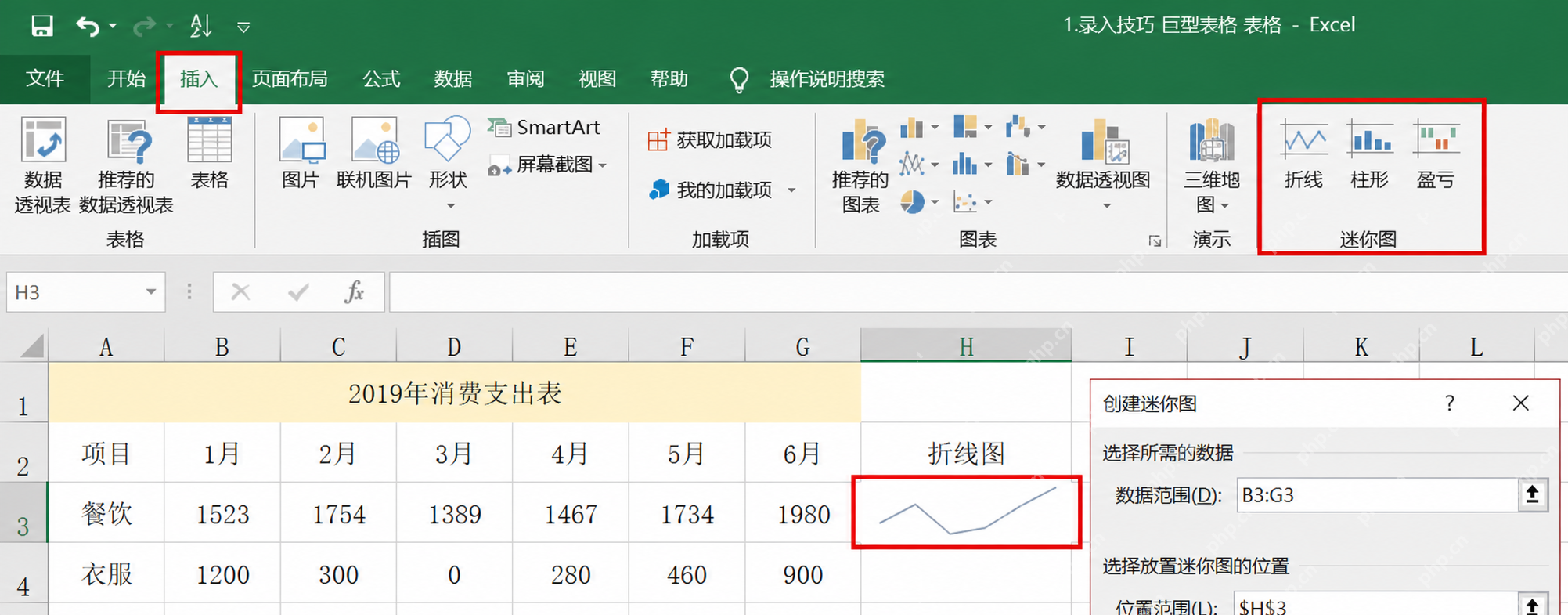 Excel中插入迷你图展示项目阶段波动和趋势