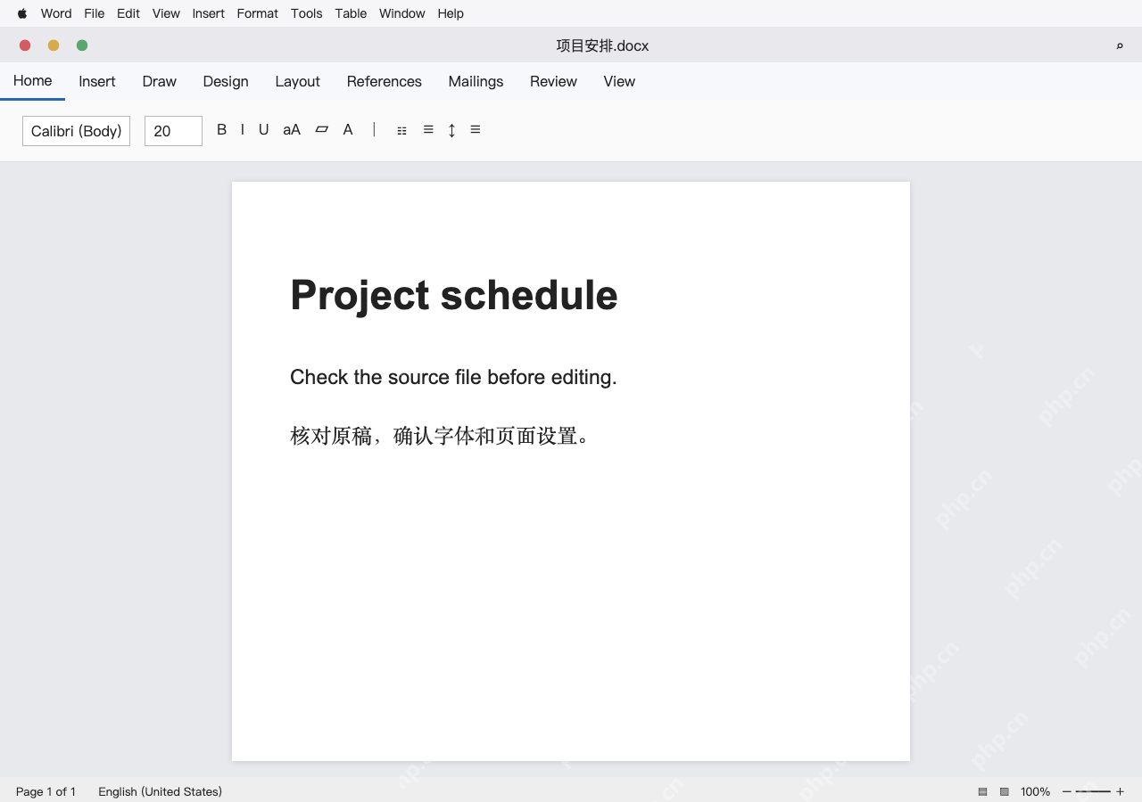 模拟 Microsoft Word for Mac 英文界面完整界面:确认同一份文件与原始版面