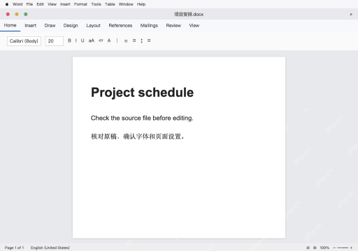 模拟 Microsoft Word for Mac 英文界面完整界面:确认同一份文件与原始版面