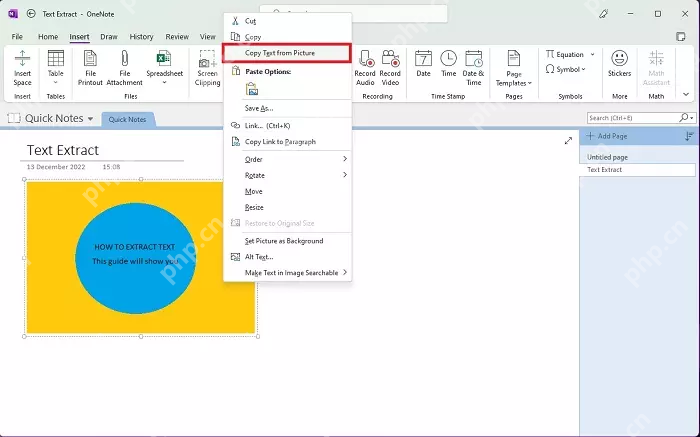 OneNote 图片右键菜单中的复制图片文本功能