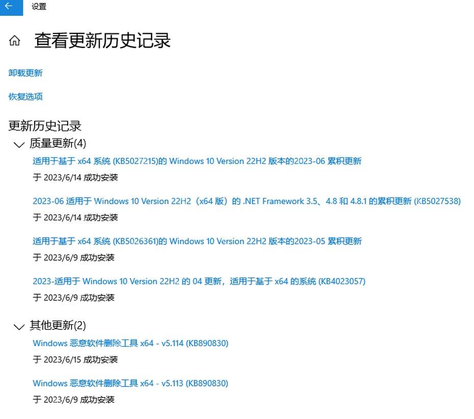 Windows 10 Windows 更新页面进入查看更新历史记录