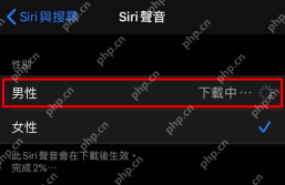 iPhone Siri 声音页面显示男性和女性选项并正在下载男性声音