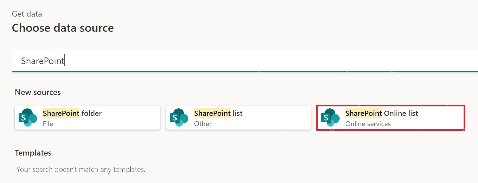 Power BI 获取数据页面搜索 SharePoint 并突出显示 SharePoint Online list 数据源