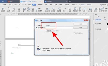 WPS文字对象窗口中选择由文件创建并准备浏览PDF文件