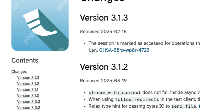 Flask 官方 Changes 页面显示 Version 3.1.3 和 session accessed 修复