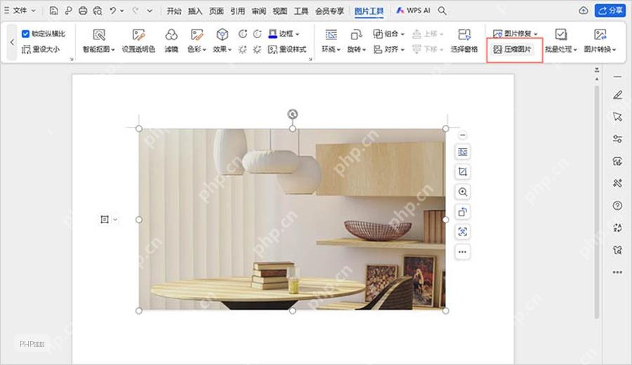 WPS 图片工具选项卡中压缩图片按钮,用于进入图片压缩窗口