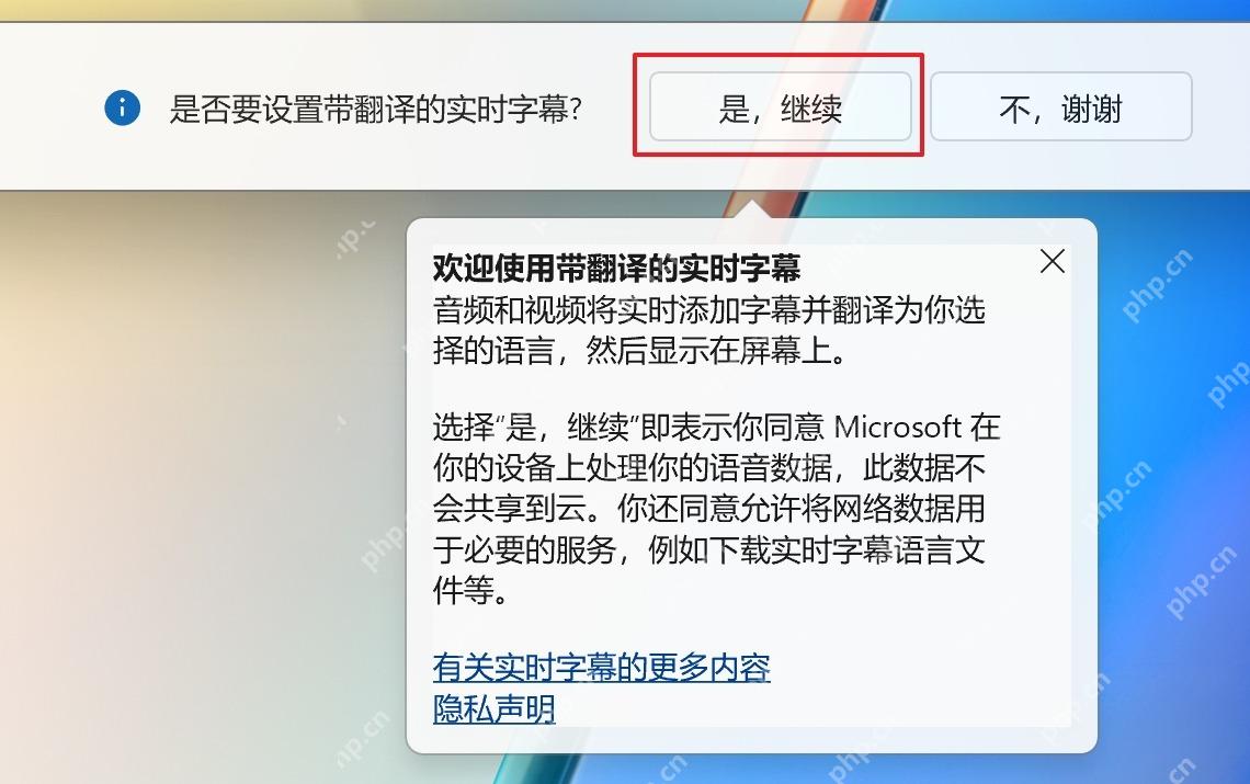 Win11 实时字幕首次使用提示中点击是继续