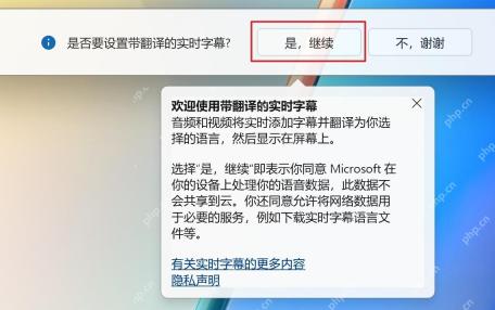 Win11 实时字幕首次使用提示中点击是继续