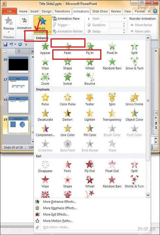 PowerPoint 添加动画菜单中选择动画效果