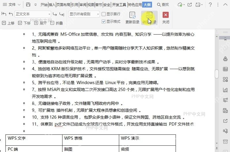 在文档大纲视图中如何转到目录?设置效果