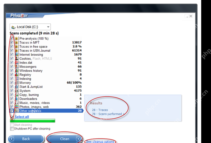 PrivaZer 结果页显示 Indexing 相关扫描并点击 Clean