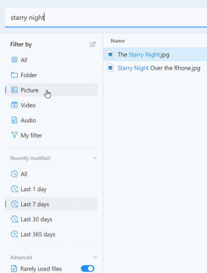 Windows Listary 文件搜索结果左侧选中 Picture 过滤器,证明按后缀搜索结果仍然太多时,还可以继续用文件类型过滤再缩一层。