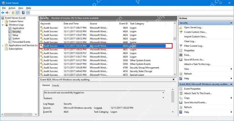 Win10 Event Viewer Security 日志中选中 4624 登录事件