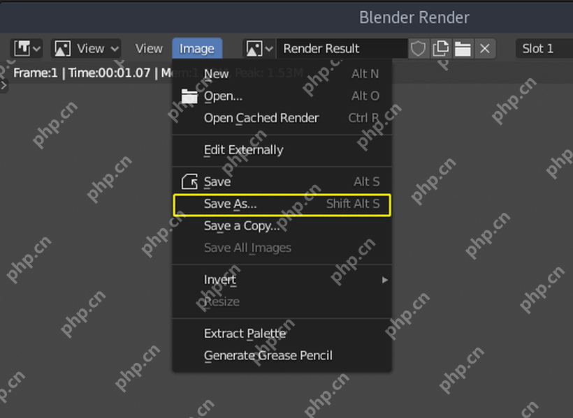 Blender 渲染结果窗口的 Image 菜单展开并显示 Save As 入口