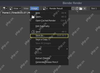 Blender 渲染结果窗口的 Image 菜单展开并显示 Save As 入口