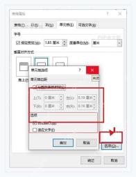 Word 单元格选项窗口中调整上下边距并检查自动换行适应文字选项