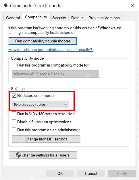 Windows 兼容性页勾选减少的颜色模式并选择 16 位颜色