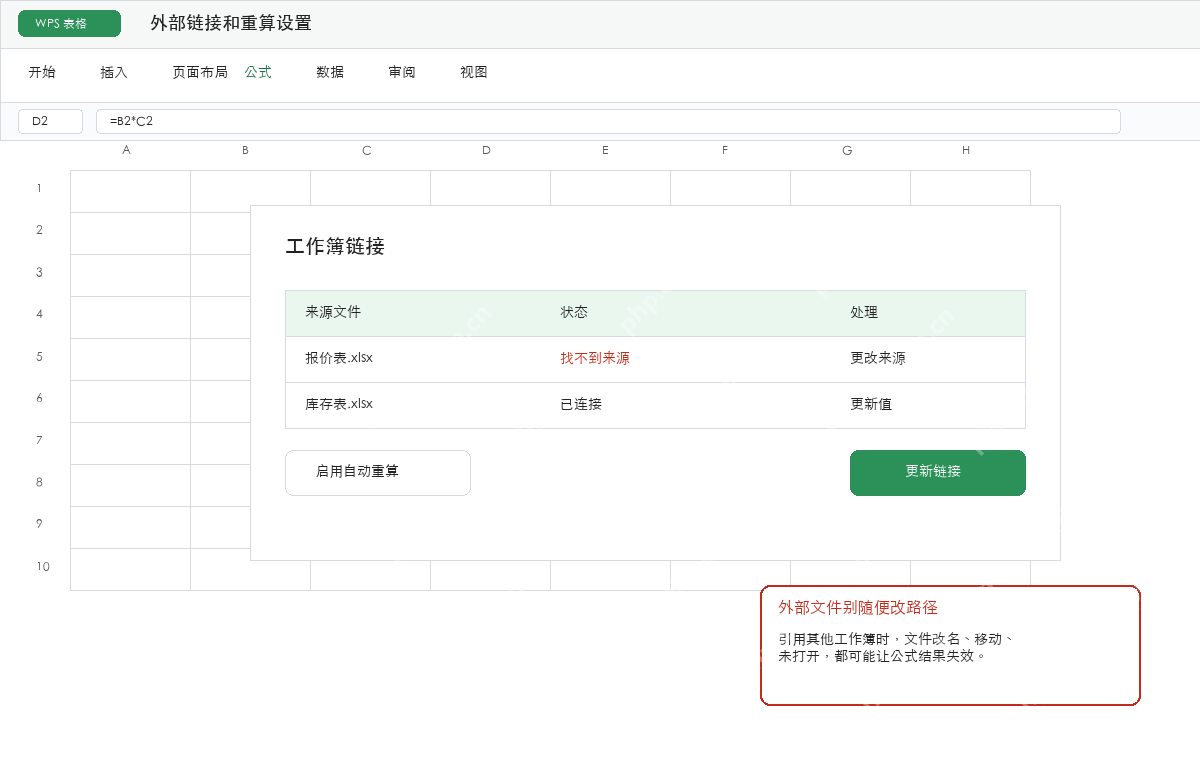 WPS表格外部链接和重算设置检查示意图