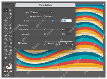 Illustrator Warp Options 中使用 Wave 样式并勾选 Preview
