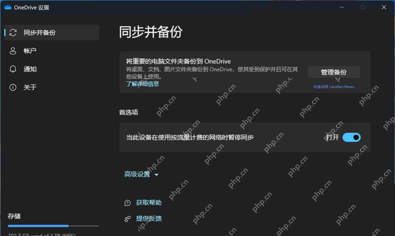 OneDrive 设置中的同步和备份页面