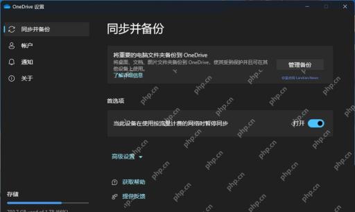 OneDrive 设置中的同步和备份页面