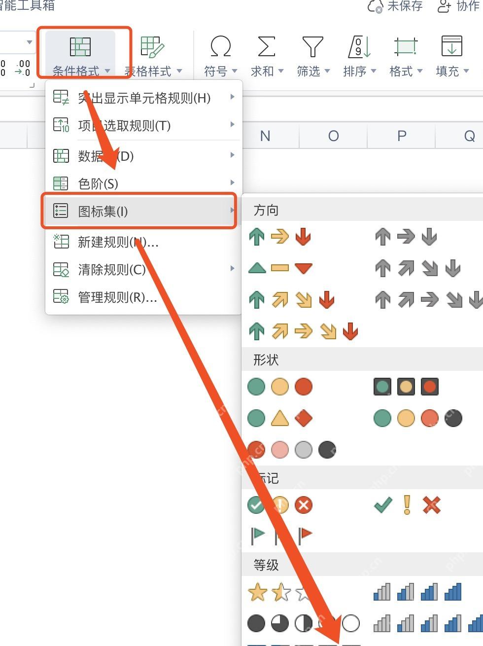 WPS 表格条件格式图标集菜单中显示等级分组和星形图标