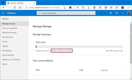 OneDrive管理存储页面显示What's taking up space入口,用于查看占空间文件