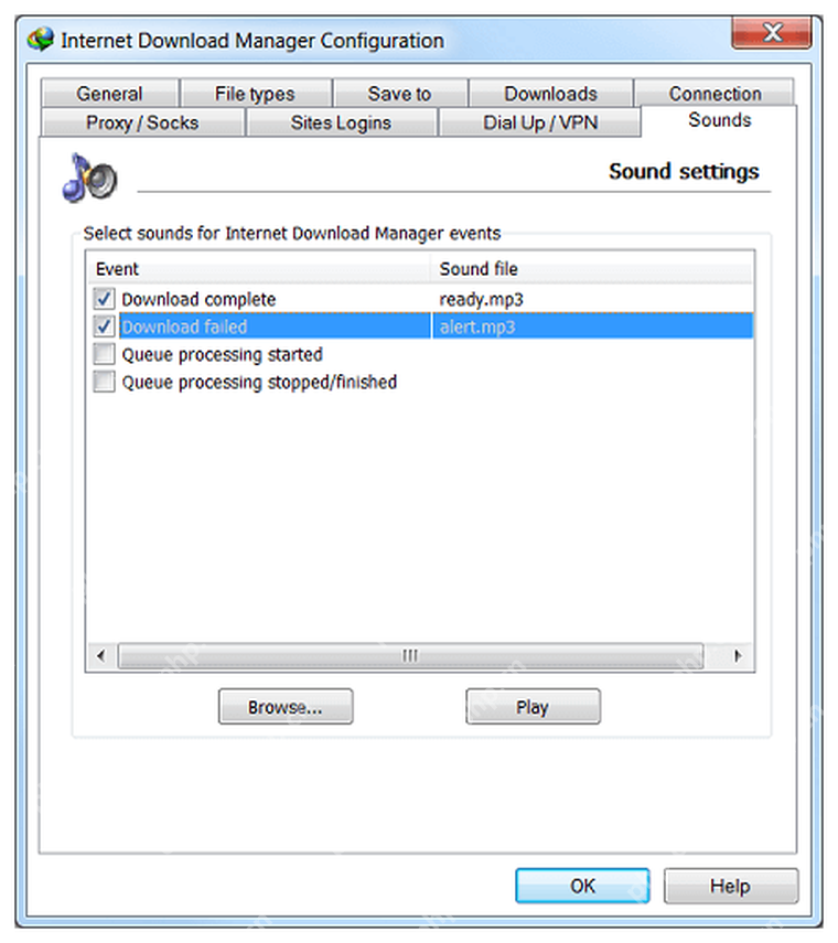 IDM Windows 配置窗口 Sound settings 页,对应设置完成提示音。